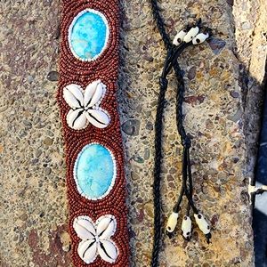 Vintage designer Betty belt with seed beads turquoise and shells